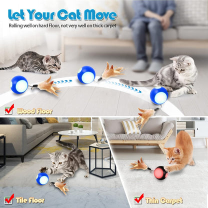 Automatic Interactive Cat Toy Ball Toy Moving Wicked Ball for Indoor Cats/Kitten, Rechargable Interactive Busy Cat Toy with Feather/Bell/Led Light for Your Pet Birthday Valentine Gift (Blue)