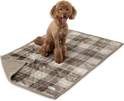 Waterproof Dog Blanket for Bed, Couch, Sofa | Waterproof Dog Bed Cover for Large Dogs, Puppies | Checkered Sherpa Fleece Pet Blanket Furniture Protector | Reversible | 80 X 60 (Taupe)