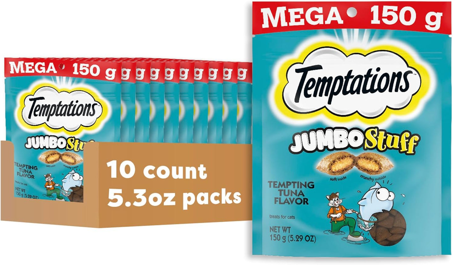 Jumbo Stuff Crunchy and Soft Cat Treats Tempting Tuna Flavor, (10) 5.3 Oz. Pouches