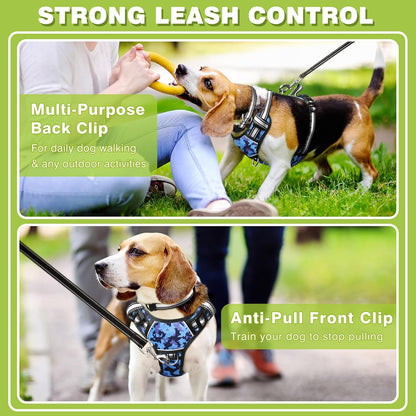 Dog Harness Camo, No Pull Pet Harness with Dog Collar, Adjustable Reflective Padded Outdoor Vest, Front/Back Leash Clips for Small, Medium, Large, X Large Dogs, Easy Control Handle for Walking